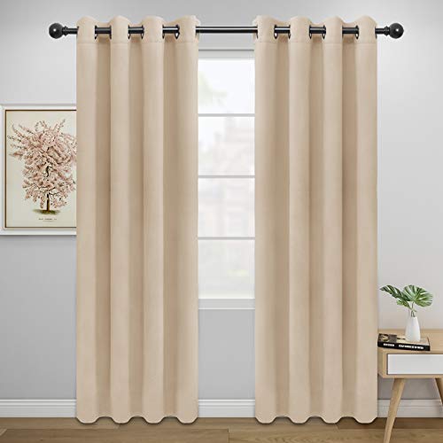 Image of Easy-Going Blackout Curtains for Bedroom, Solid Thermal Insulated Grommet and Noise Reduction Window Drapes, Room Darkening Curtains for Living Room, 2 Panels (52x84 in,Beige)