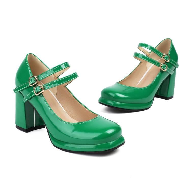 Women Platform Mary Jane Pumps Glossy Patent Square Toe Chunky High Heels with Double Belt Buckles2