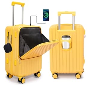 Front Pocket Luggage, Carry-on Luggage with Spinner Wheels, Suitcase with Cup Holder, USB Port (Yellow, Carry-On 20-Inch)