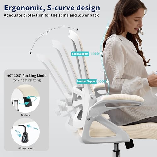 Image of Ergonomic Office Chair, Desk Chair with Adjustable Lumbar Support, Breathable Mesh Comfy Computer Chairs with Flip-up Armrests Executive Task Chair for Adults Home Office (Buff Beige)