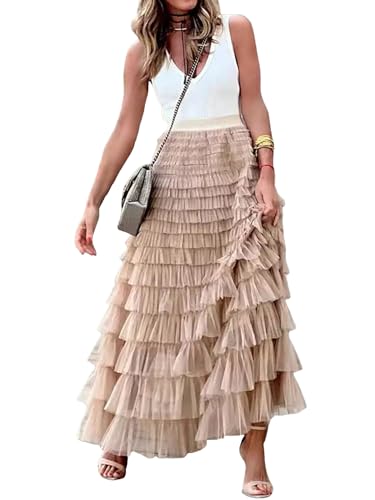 Women’s Petticoat Summer 2024 Mesh Detail Skirt Layered Cake Style Skirt Commuter in Apricot