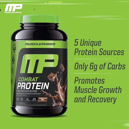 Image of Muscle Pharm Combat Protein Powder, Chocolate Milk Flavor, Fuels Muscles for Productive Workouts, 5 Protein Sources Including Whey Protein Isolate & Egg Albumin, Gluten Free, 2 lb, 24 Servings