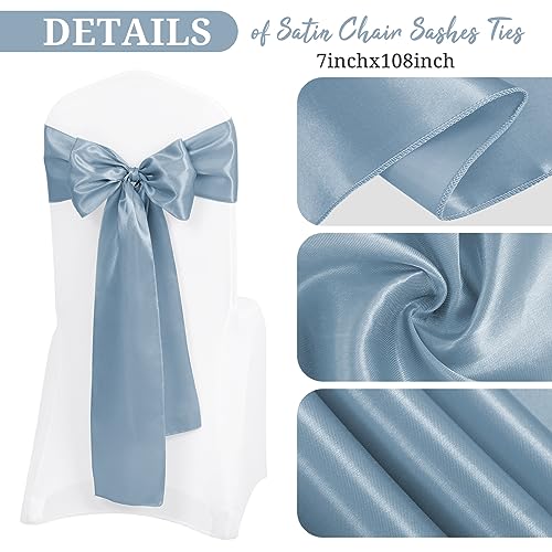 Pesonlook 120PCS Dusty Blue Satin Chair Sashes Bows,Satin Chair Sashes for Wedding Reception Events Banquets Party, Hotel Event, Chairs Decoration(7 x 108 inch)
