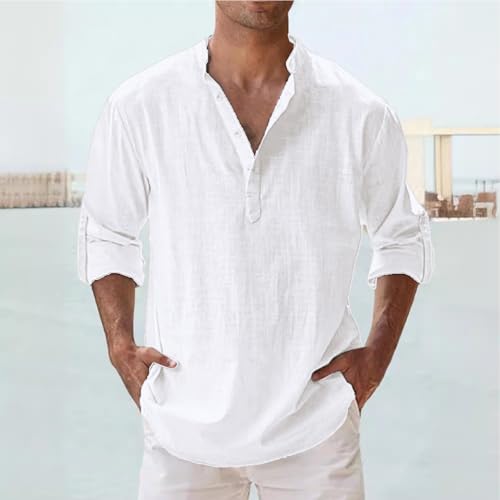 Men's Linen Long Sleeve Henley Shirt Stand Collar Relaxed Fit Casual Top Solid Color Beach Hippie Summer T-Shirt2