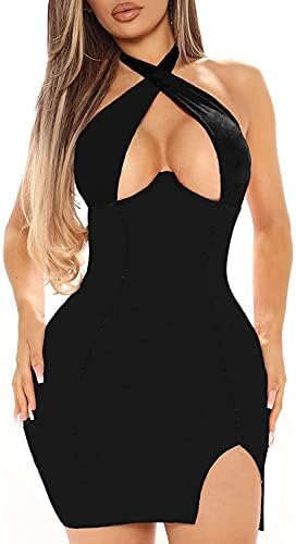 LYANER Women's Cut Out Halter Wrap Sexy Bodycon Party Sleeveless Tank Mini Dress Black Large