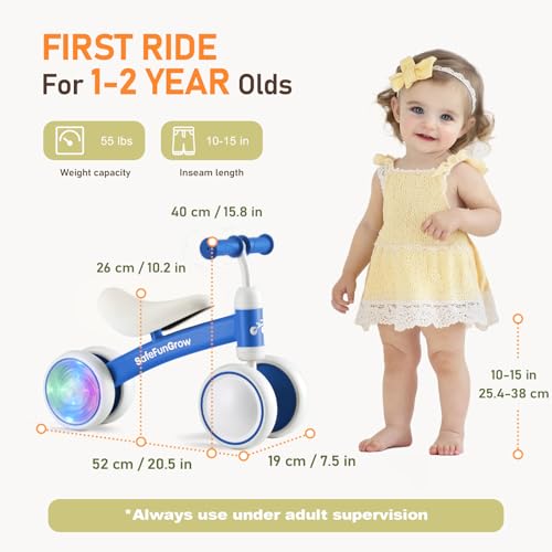 Image of Colorful Lighting Baby Balance Bike Toys for 1 Year Old Boys Gifts, Balance Bike 1 Year Old No Pedal, 12-24 Months Toddler Ride on Toys with 4 Silent Wheels & Soft Seat, 1st Birthday Gifts, Blue
