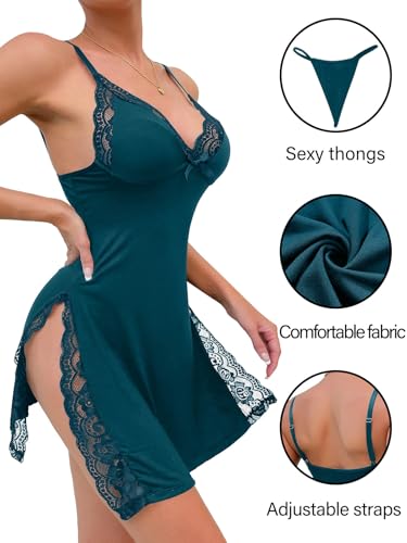 Image of Foxiny Sexy Split Side Floral Lace Trim Full Slip Night Gown Babydoll Lingerie Dress with Thong 2 piece