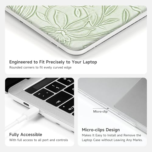 Funda MacBook Air 15 M2/M3 verde claro rígida con flores y protector teclado 6
