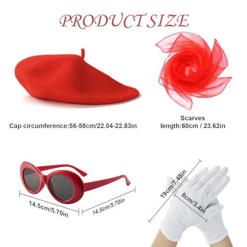 CERCTLA 4 Piezas 50's Costume Accessories Set, Accesorios Mujer Retro, Disfraces para Mujeres, Disfraz Carnaval, Halloween, El conjunto incluye Boina roja, bufanda, gafas sol, guantes - imagen 2