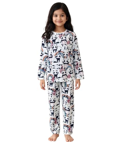 Image of Anthrilo Pajama T-Shirt Set for Girls | Kids Night Suit for Girls | Nightwear | 100% Cotton Pyjama Set Panda Print White | Long Sleeve T-Shirt and Pajama | 3-4 Years