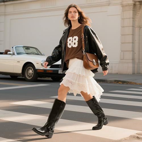 DREAM PAIRS Women's Square Toe Knee High Boots Motorcycle Riding Pull-on Fashion Long Biker Boots for Women,Size 9,Black/Brown,DWUMKB2529