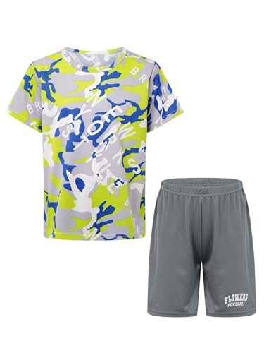 easyforever Kids Boys Sports Outfit Set Short Sleeve Camouflage Print T-shirt With Shorts For Soccer Basketball Workout Green 7-8 Years