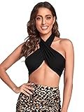 Verdusa Women's Sexy Sleeveless Halter Criss Cross Self Tie Backless Crop Top Black M