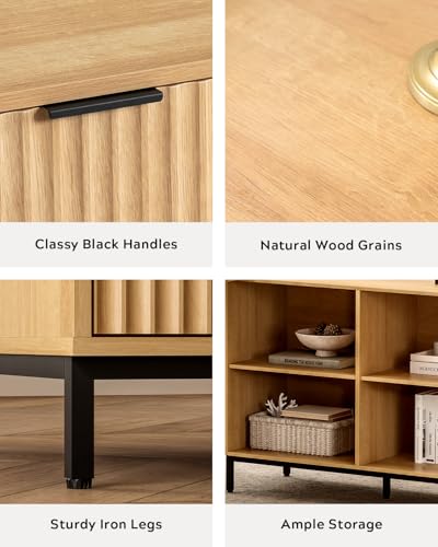 Image of EYYTHUNG L Executive Desk with Storage Cabinet, 60 inch Fluted Modern Flexible Home Office Desk, Large Wood Convertible Computer Standing Up Desk with File Drawer, Writing Desk Natural Oak