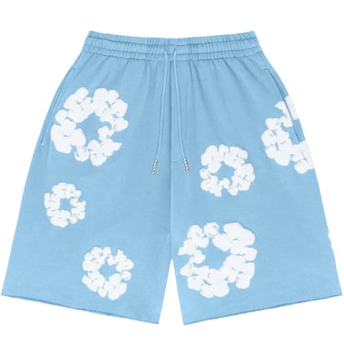 Kurze Hosen Herren Shorts Sommer Leicht Sportshorts Baumwolle Blumen Freizeit Hose Herren Kurz Laufhose Y2K Hip Hop Strandshorts mit Tasche(Himmelblau,)