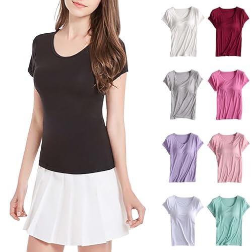 Tops de verano con sujetador integrado, camiseta deportiva para mujer, camiseta de fitness elegante, manga corta, cuello redondo, túnica, cómoda, monocolor, blusa para adolescentes, niñas, camisetas