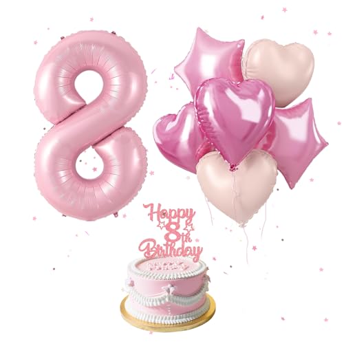Decoraciones de cumpleaños número 8 para niñas, globo rosa del número 8 de 40 pulgadas con globo de aluminio con estrella de corazón, decoraciones de fiesta de cumpleaños con decoración para tartas,