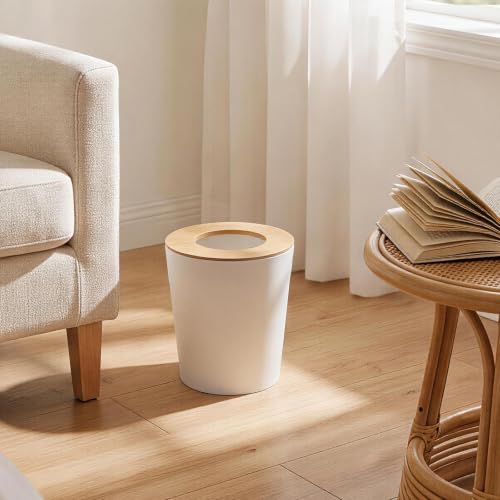 Image of White Trash Can for Bedroom with Bamboo Lid, 2.4 Gallon Open Top Trash Can 3 Pack, Modern Aesthetic Garbage Can for Room Office Living Room, Small Bathroom Trash Bin Boho Style