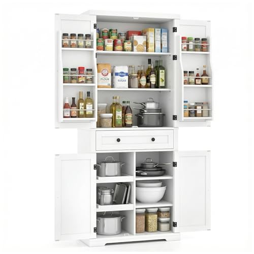 COSTWAY Armoire Cuisine Rangement 184 cm, Buffet Cuisine Haut avec Grand Tiroir, 6 Étagères sur Portes, 2 Plateaux Coulissants, 6 Compartiments,Vaisselier,...