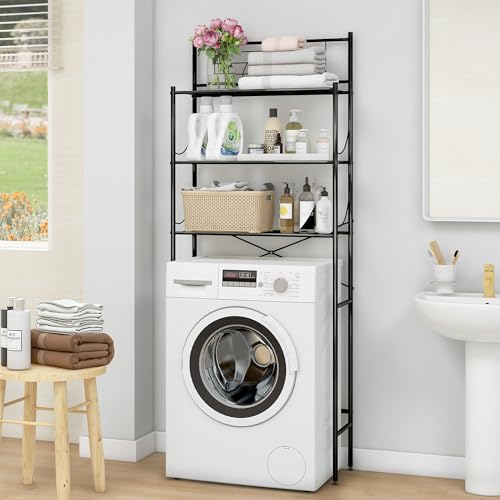 MALLBOO Meuble Machine à Laver, Meuble Lave Linge, Étagère de Salle de Bain à 3 Niveaux sans perçage, Étagère de Toilette en Acier Inoxydable, Support...