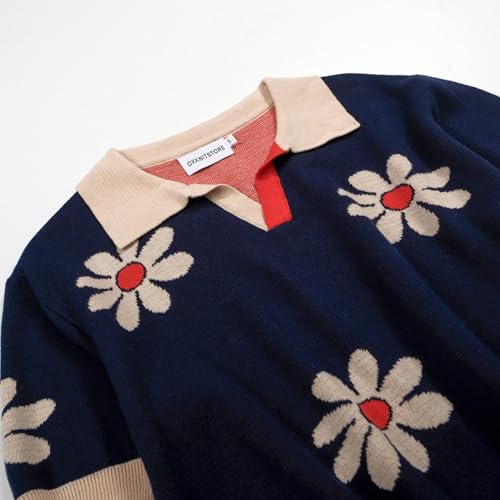 OXKNIT Men's Polo Shirts Retro Knitted V Neck Short Sleeve Navy Summer Shirt with Flower Design3