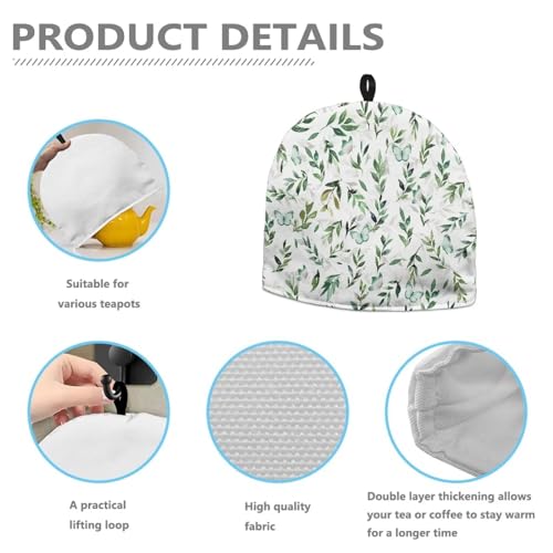 Image of Tea Pots Cozy Extra Thick Wadding Tea Pot Cozies Kettle Dust Proof Cover Insulating Warming Teapot Dust Cover for Home Kitchen Indoor Table Decoration, Green Butterfly Leaf