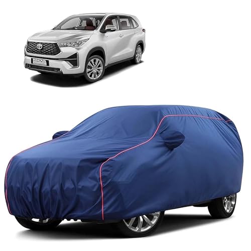 Image of Sulfar 100% Water Resistant Car Body Cover Compatible with Mirror for Toyota Innova Hycross (Triple Stitched, Full Bottom Elastic, Blue Tafetta with Red Piping)