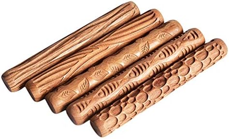 Fivtyily Wood Hand Rollers Pottery and Clay Tools Rolling Pin with Embossed Pattern (5 Pack)