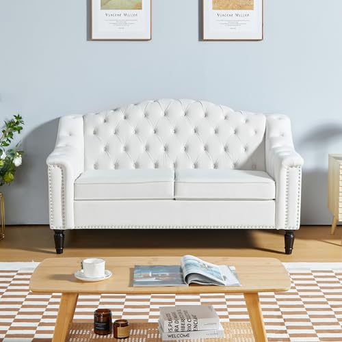 LEVNARY Chesterfield Loveseat Velvet, Upholstered Sofa with Button-Tufted Back, Mid-Century Modern Sofa with Solid Wood Legs, 2 Seater Couches for Living Room (White)