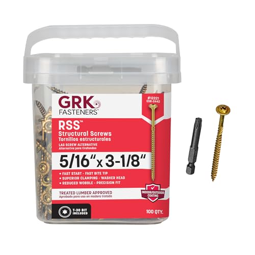 Image of GRK Fasteners RSS 5 /16 x 3-1 /8 Inch, Structural Screws, 100 PCS, Rust Resistant Climatek Coating, Heavy-Duty Framing & Decking Screws, Fast Bite Tip, Star Drive Recess, T-30 Bit Included, Gold