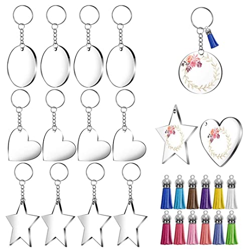 Juego de 48 llaveros de acrílico en blanco con colgante pentagonal de corazón redondo transparente con dije de borla y llavero de bricolaje para proyectos y manualidades Cover