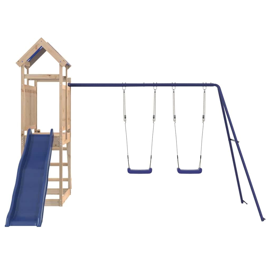 Torre de juegos de madera maciza de pino con tobogán ondulado, columpio doble, arenero y escalera para jardín, patio y terraza, pedestal de 90 cm, parque infantil para niños de 3 a 8 años