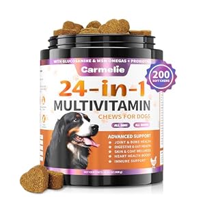 Carmelie 24 in 1 Dog Multivitamin Supplements – 200 Chewable – Senior Puppy Natural Dog Vitamins and Supplements – Hip & Joint Support, Gut & Skin Health, Immune Health, Mobility, Digestive (Chicken)
