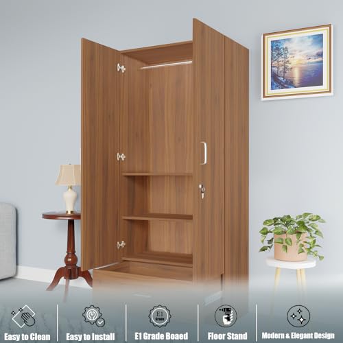 Image of VIKI Wardrobe |Wooden Almirah for 2 Door Wardrobe with 1 Drawer & Hanging Space (Brussel Walnut - 40D x 80W x 180.8H) | 1 Year Warranty | Free Assembly