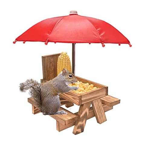 Yorkmills Squirrel Feeder Picnic Table with Umbrella and Corn Cob Holder, New Premium Gift for Squirrel and Chipmunk Lovers, Outdoor Garden Ornaments for Chipmunk Wildlife Bird Animal Bench Feeder Cover