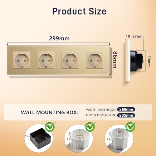 BSEED Schuko Steckdose 4 Fach Kristall Glas Platte Steckdose Glas Schuko Vierfach Steckdose 16Amp Steckdose 299mm Golden Verlängerungssteckdosen Wandsteckdose