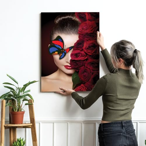 Image of PAINTINGMANTRA Stretched Modern Canvas Wall Art Painting, Women with Beautiful Red Roses Artwork for Living Room, Home, Bedroom, Office Decoration (Set of 1, 16x22 Inch)