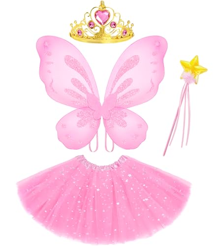VEKDA 4 Pcs Fairy Costume for Girls Butterfly Costume with Fairy Wings Wand Crown Tutu Skirt for Kids Halloween Birthday Party Princess Dress up 3-8 Years Pink