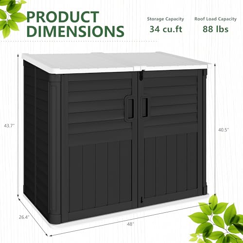 Image of Greesum Outdoor Trash Can Storage Shed, 34 Cu.ft Horizontal Outdoor Storage Cabinet, Waterproof for Garden, Pool Storage, Garbage Cans, Black