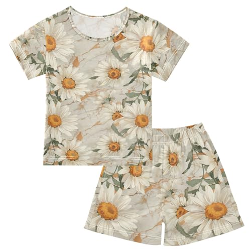 ALAZA Daisy Flowers Marble Pajama Set Short Sleeve Sleepwear Soft Lounge Nightwear