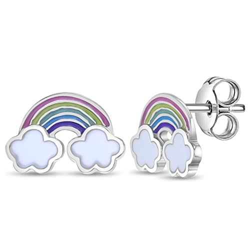 Sterling Silver Whimsical Rainbow Enamel Push Back Earrings For Little Girls & Preteens - Vibrant Rainbow Earrings