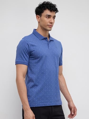 Image of Raymond Men Modern Fit Print Pattern Pure Cotton Polo Neck Half Sleeve Casual T-Shirt