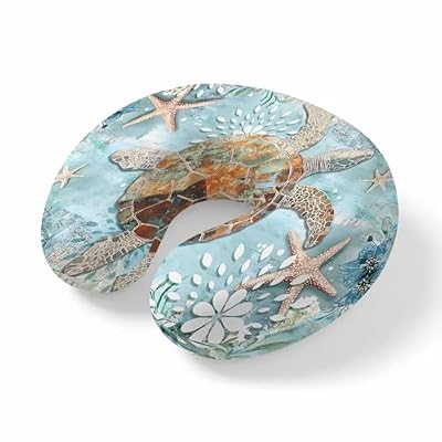 LXCPBNQT Neck Pillow Marine Ocean Turtle Starfish Washable Memory Foam Pillow for Airplane Office Car Sleeping, Watercolor Underwater World Travel Pillows U Shaped Stretch Neck Support Pillows