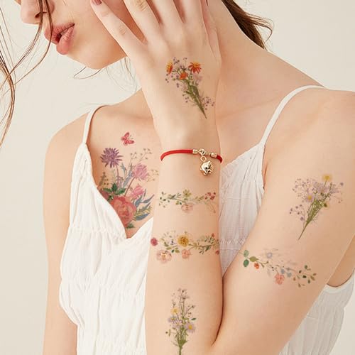 JoyfulGlam 18 Sheet Flower Temporary Tattoos for Women Realistic Floral Fake Tattoo Stickers Adult Wildflower Party Decorations Supplies Favors