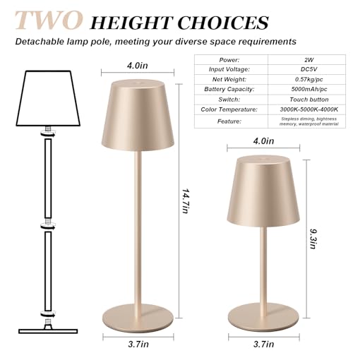 Image of Kakanuo Champagne Gold Cordless Table Lamp Rechargeable - 2 Pack Battery Operated Lamp for Counter, 3 Color Stepless Dimming Wireless Lamp for Dining Kitchen, Outdoor Patio, Touch Control