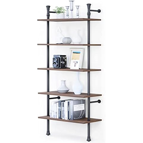 5-Tier Industrial Bookcase, REALYOO Open Wall Mount Ladder Vintage Bookshelf, Rustic Wood and Metal Book Shelf, Tall Modern Book Case for Office Home Living Room Bedroom Kitchen Bathroom - Walnut Cover