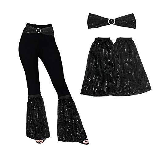 The Dragons Den Adults 1960s 1970s Sequined Flares Flared Boot Covers & Belt Hippie Disco Diva Fancy Dress Costume Accessory [Black]
