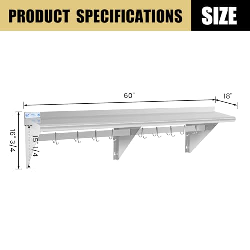 Image of Hally Stainless Steel Shelf with 9 Hooks 18 inch x 60 inch Wall Mounted Pot Rack 450lb, NSF Commercial Floating Shelving for Storage Hanging Pots, Pans, cookware in Restaurant, Kitchen, Home and Hotel