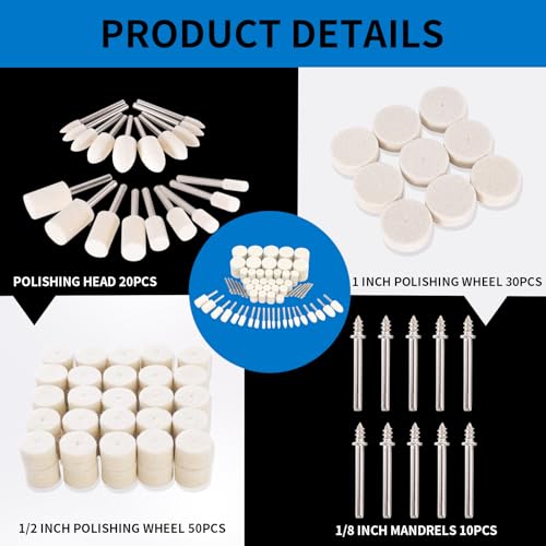 Image of Polishing Buffing Wheel for Rotary Tool, 110PCS Wool Felt Wheel Accessories,Polishing Kit with 1 /8 inch Shank for Jewelry Metal Buffing Wheels Polishing