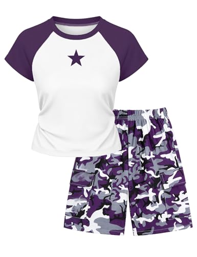 Qetobolly Clothes for Teen Girls Color Block Print Short Sleeve Top and Camo Short Set Girls Clothes Size 14-16 Summer Outfit
